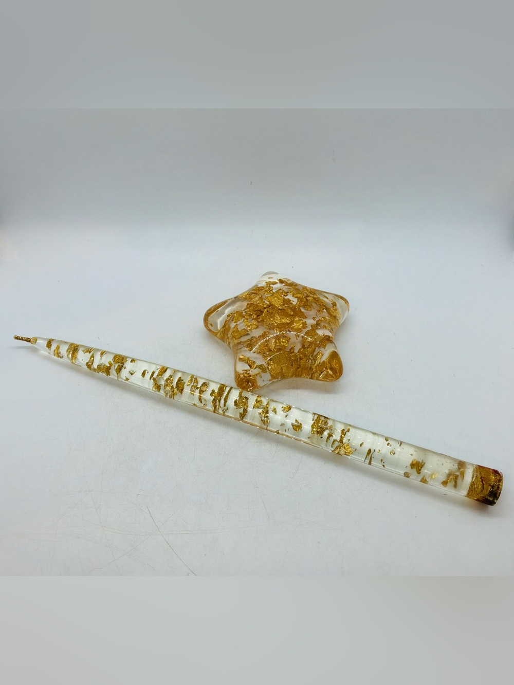 Vintage Lucite Star Paperweight Gold Flecks & Lucite CandleStick With Gold Fleck